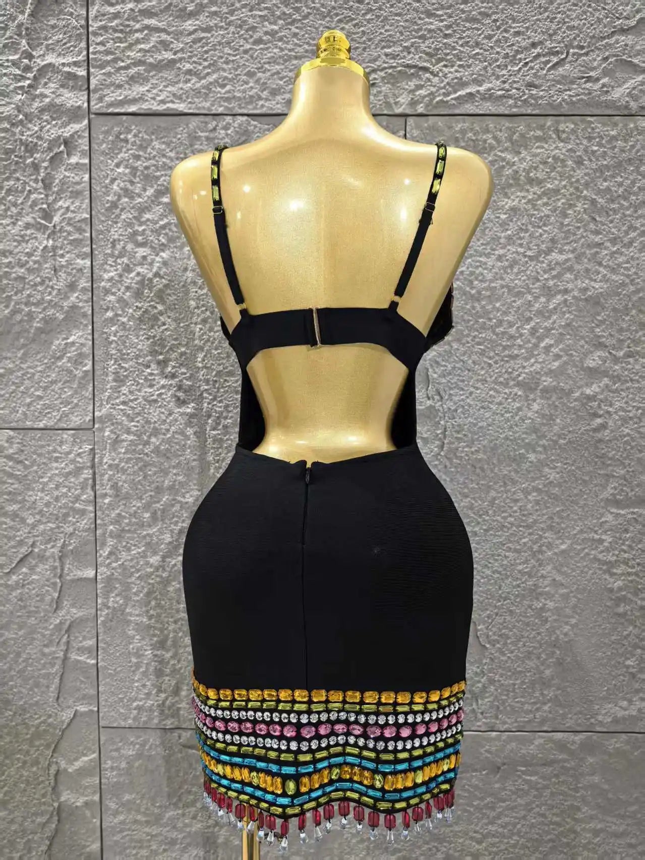 UNIKCOSA’s Crystal V-Neck Mini Dress — Black Bodycon Bandage with Colorful Sparkle