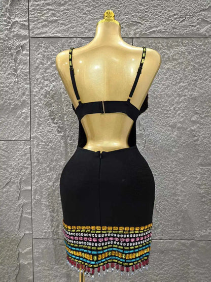 UNIKCOSA’s Crystal V-Neck Mini Dress — Black Bodycon Bandage with Colorful Sparkle