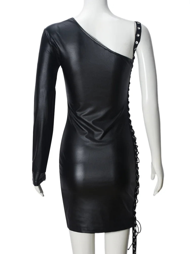 UNIKCOSA’s One-Shoulder Bandage Hollow Mini Dress — Irregular Diagonal Collar, Backless Bodycon Elegance
