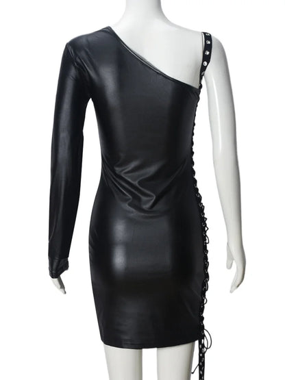 UNIKCOSA’s One-Shoulder Bandage Hollow Mini Dress — Irregular Diagonal Collar, Backless Bodycon Elegance