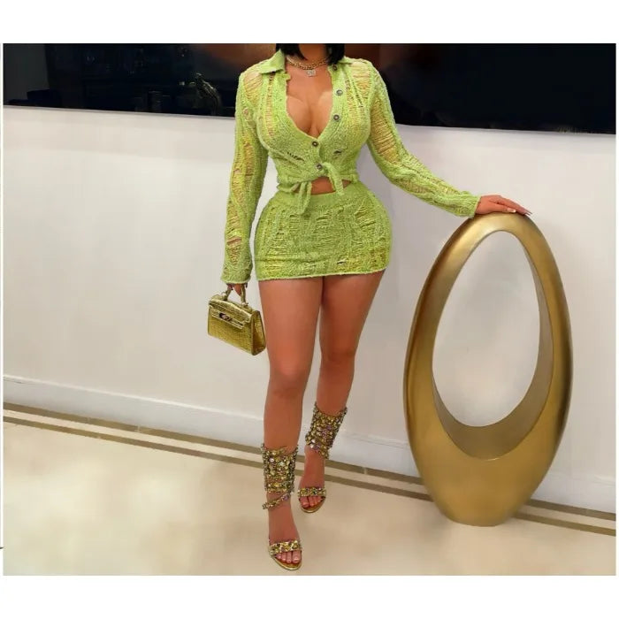 UNIKCOSA™ 2025 Summer Knitted Skirt Set – Sexy Hollow Long-Sleeve Collar Top & Mini Skirt | Women’s Streetwear Matching Outfit