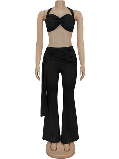 UNIKCOSA™ Chic 2-Piece Halter Set – Backless Knot Camisole & Metal Ribbon Flare Pants | Women’s Sexy Summer Outfit