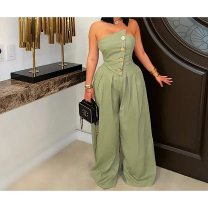 UNIKCOSA™ 2025 Summer Strapless Jumpsuit – Sexy High-Waist Button-Up Wide-Leg One-Piece | Women’s Sleeveless Fashion Outfit