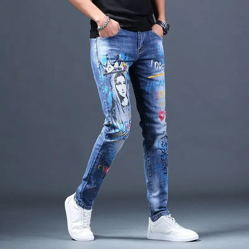 UNIKCOSA Men’s Washed Graphic Jeans – Slim Fit Stretch Streetwear Hip-Hop Trousers (Spring/Autumn Edition)