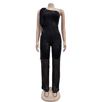 UNIKCOSA’s Glitter One-Shoulder Jumpsuit — Shiny Sequin Straight-Leg Party Romper