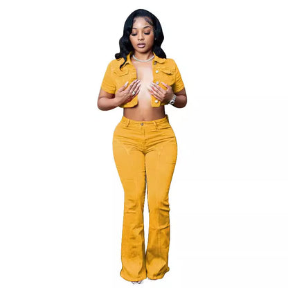UNIKCOSA™ 2025 Denim 2-Piece Set – Short Sleeve Shirt & High-Waist Flare Pants | Women’s Y2K Streetwear Matching Outfit for Party & Club