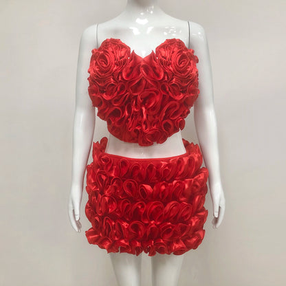 UNIKCOSA’s Red Floral 2-Piece Bandage Set — Strapless Crop Top + Bodycon Mini Skirt