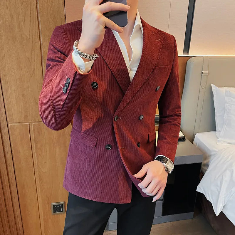 UNIKCOSA Men’s Double-Breasted Corduroy Blazer – Slim Fit Striped Suit Jacket (M–4XL)
