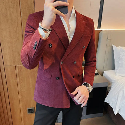 UNIKCOSA Men’s Double-Breasted Corduroy Blazer – Slim Fit Striped Suit Jacket (M–4XL)