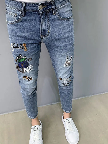 UNIKCOSA Men’s Slim Embroidered Jeans – Luxury Korean Fashion Pencil Pants (2024 Autumn/Summer Edition)