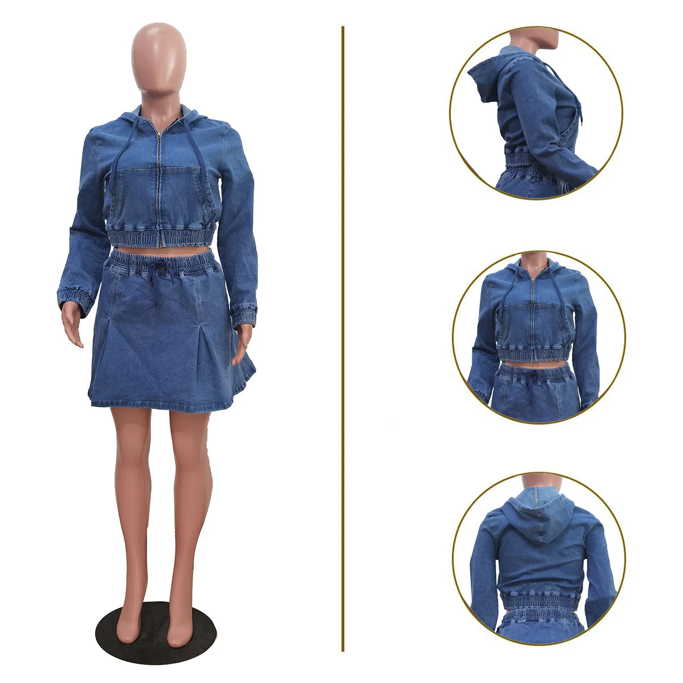 UNIKCOSA™ Denim Skirt 2-Piece Set – Hooded Zipper Top &amp; High-Waist A-Line Skirt | Women’s Y2K Streetwear Matching Outfit