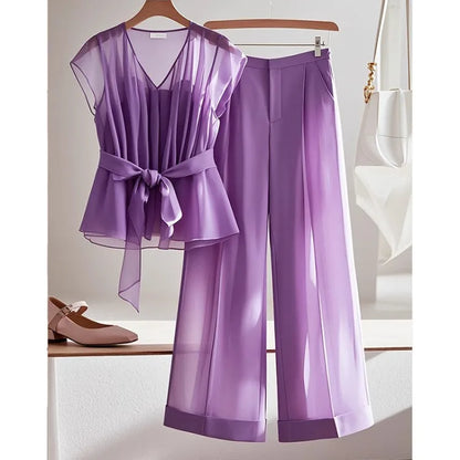 UNIKCOSA’s Summer Purple Y2K Set — Bow Lace-Up V-Neck Top + High-Waist Wide-Leg Pants
