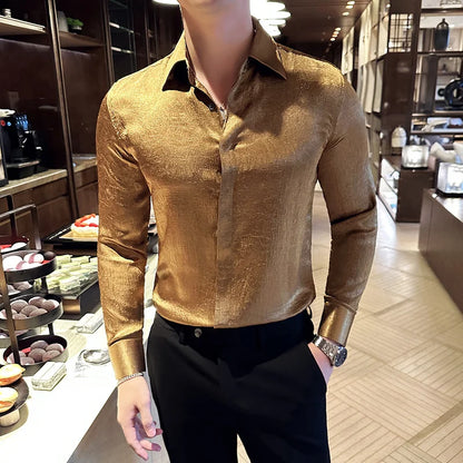 UNIKCOSA Men’s Glossy Luxury Shirt – Slim Fit Anti-Wrinkle Long Sleeve Tuxedo Style