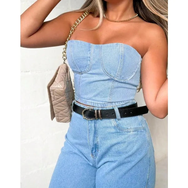 UNIKCOSA™ 2025 Summer Denim Tank Top – Sexy Solid Bandeau Crop Vest with Back Zipper | Women’s Sleeveless Hot Girl Casual Outfit