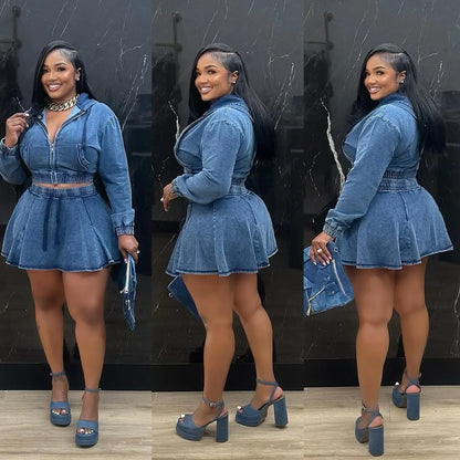 UNIKCOSA™ Denim Skirt 2-Piece Set – Hooded Zipper Top &amp; High-Waist A-Line Skirt | Women’s Y2K Streetwear Matching Outfit