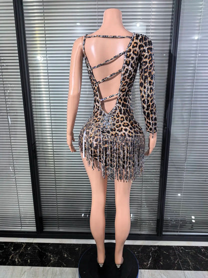UNIKCOSA’s Leopard Crystal One-Shoulder Mini Dress — Rhinestone Bodycon Party Glam