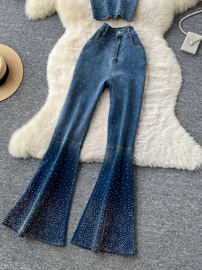 UNIKCOSA™ Diamond Denim 2-Piece Set – Sleeveless Crop Top & High-Waist Flare Pants | Sexy Slim Fit Women’s Matching Outfit