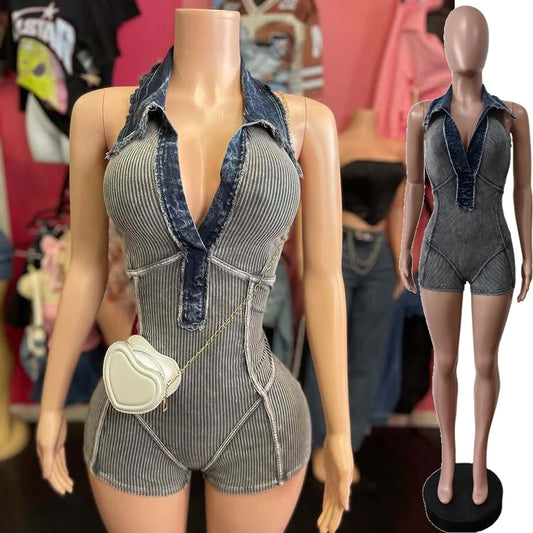 UNIKCOSA’s 2025 Patchwork Knit Jumpsuit — Ribbed Halter V-Neck One-Piece Streetwear Chic