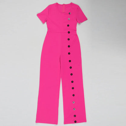 UNIKCOSA™ 2025 Summer Elegant Jumpsuit – Short Sleeve Button-Up Wide-Leg One-Piece | Women’s Solid Color Romper for Parties & Events