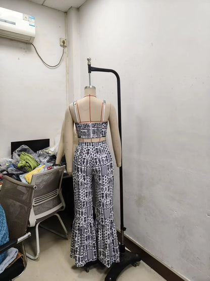 UNIKCOSA™ Printed 2-Piece Pant Set – Strapless Sling Top & High-Waist Flare Pants | Sexy Y2K Streetwear for Party & Work