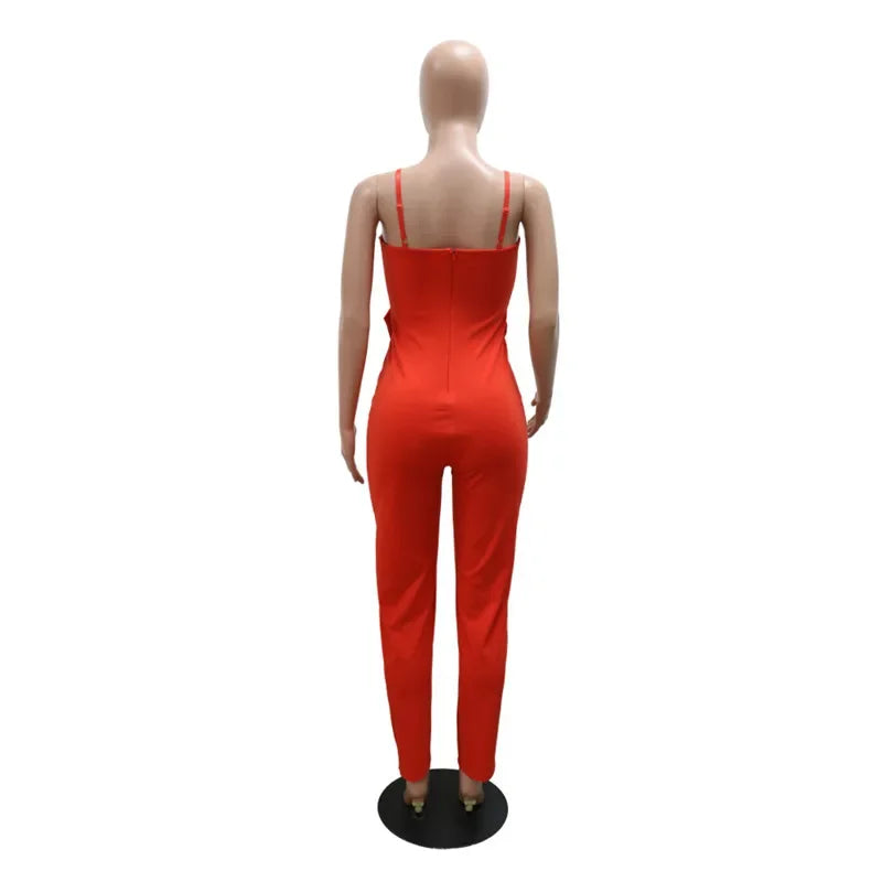 UNIKCOSA’s Glam Rhinestone Bow Jumpsuit — Spaghetti Strap, Deep V-Neck, Straight-Leg Party Elegance