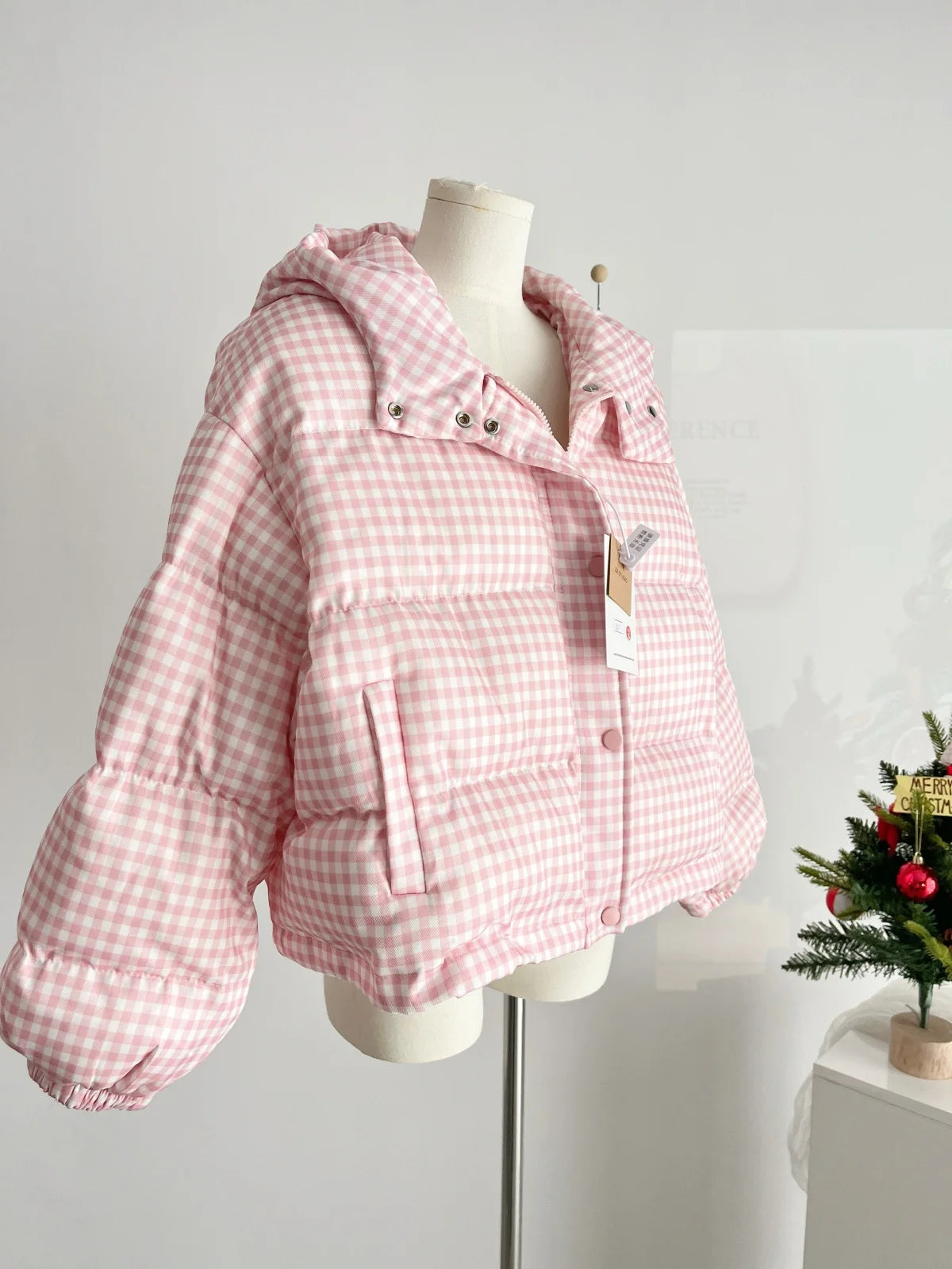 UNIKCOSA’s Lovely Pink & White Plaid Down Coat — Hooded Short Puffer Jacket
