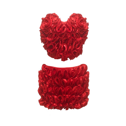 UNIKCOSA’s Red Floral 2-Piece Bandage Set — Strapless Crop Top + Bodycon Mini Skirt