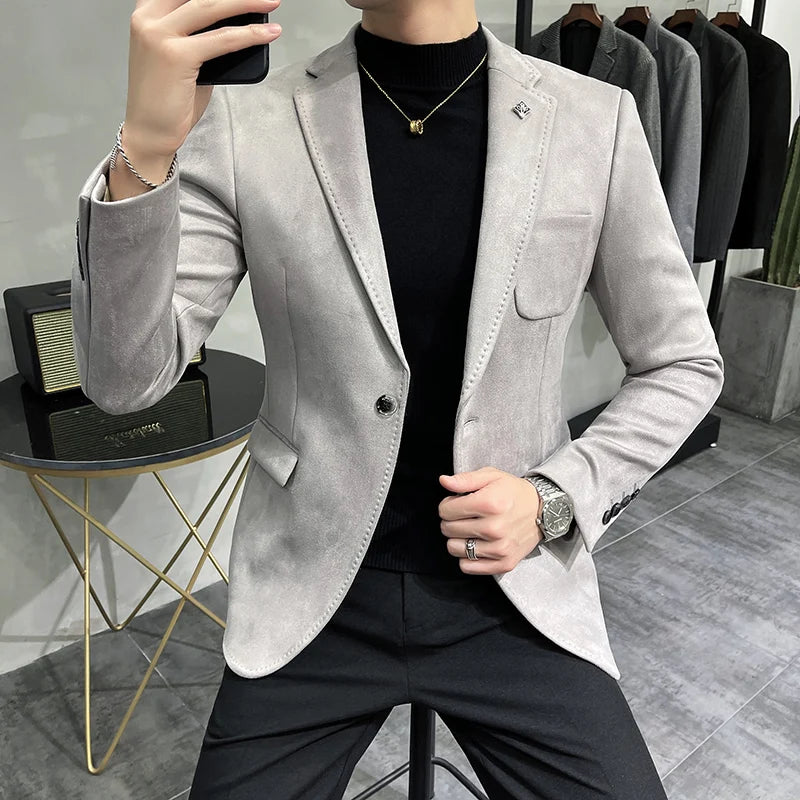 UNIKCOSA Men’s Suede Blazer – Slim Fit One-Button Plain Color Suit Jacket (6 Colors)