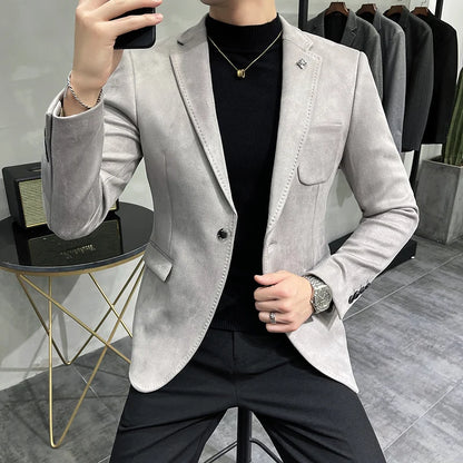 UNIKCOSA Men’s Suede Blazer – Slim Fit One-Button Plain Color Suit Jacket (6 Colors)