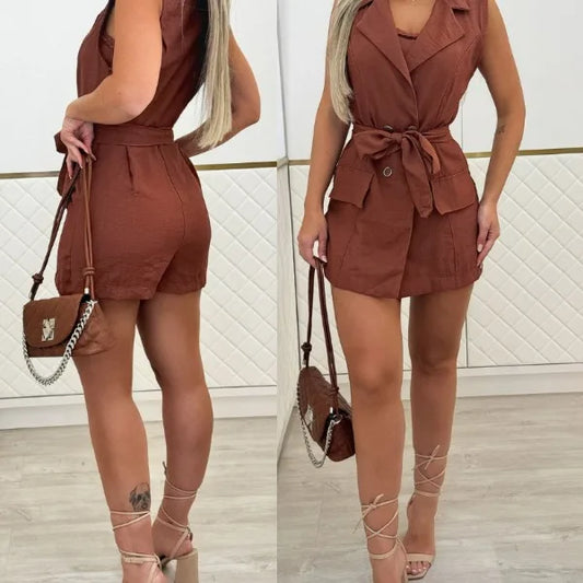 UNIKCOSA™ 2025 Summer Elegant Jumpsuit – Sleeveless Notched Collar Romper with Button & Tie Detail | Women’s Casual One-Piece Outfit