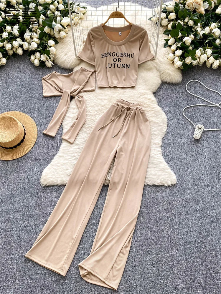 UNIKCOSA’s 3-Piece Streetwear Set — Letter Print Tee + Elastic Pants + Solid Shawl