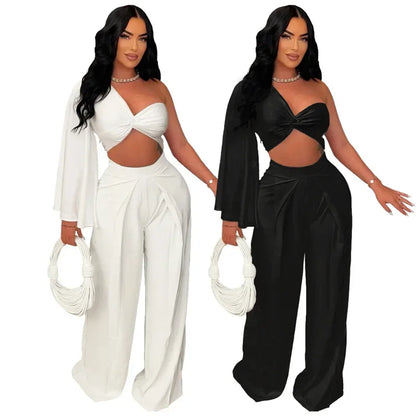 UNIKCOSA’s Black & White Co-Ord Set — One-Sleeve Crop Top + Wide-Leg Pants