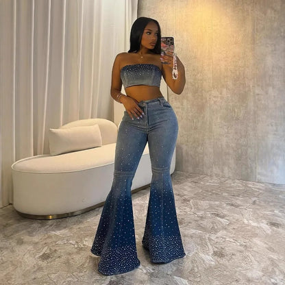 UNIKCOSA™ Diamond Denim 2-Piece Set – Sleeveless Crop Top & High-Waist Flare Pants | Sexy Slim Fit Women’s Matching Outfit