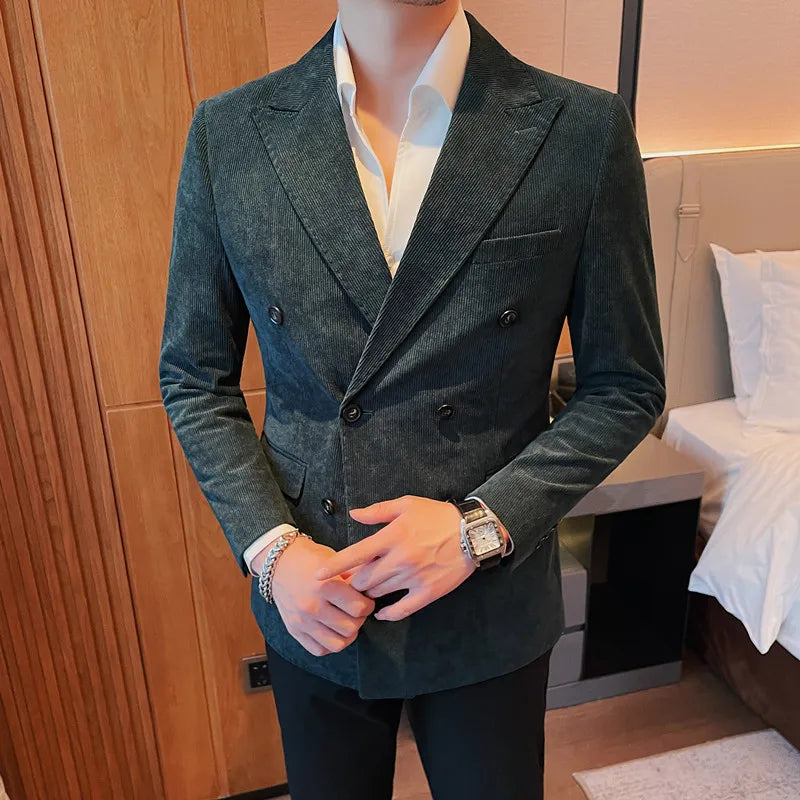 UNIKCOSA Men’s Double-Breasted Corduroy Blazer – Slim Fit Striped Suit Jacket (M–4XL)