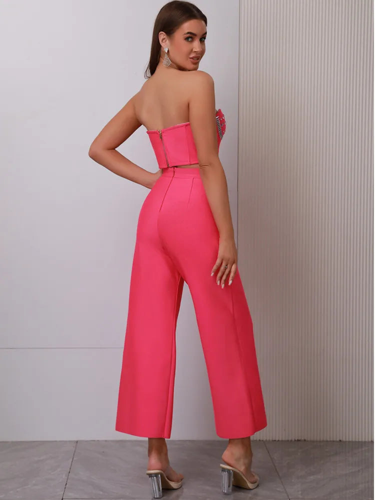 UNIKCOSA’s 2025 Pink Beaded Bandage Set — Strapless Backless Crop Top + Cut-Out Pants