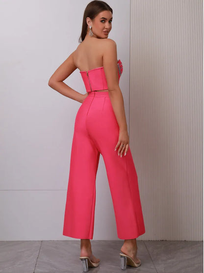UNIKCOSA’s 2025 Pink Beaded Bandage Set — Strapless Backless Crop Top + Cut-Out Pants