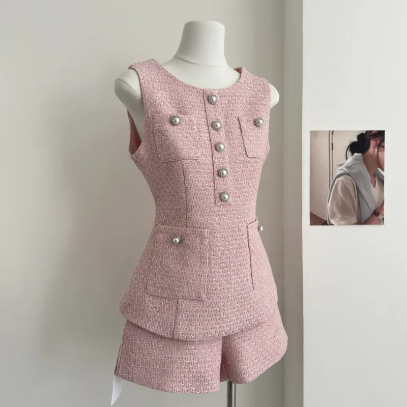 UNIKCOSA’s French Tweed 2-Piece Set — Sleeveless Vest Top + High-Waist Shorts