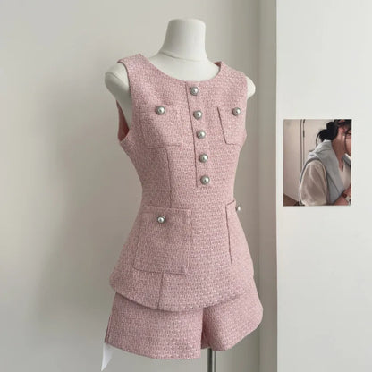 UNIKCOSA’s French Tweed 2-Piece Set — Sleeveless Vest Top + High-Waist Shorts
