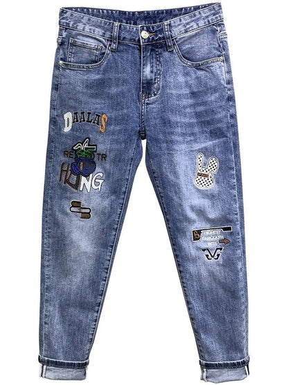 UNIKCOSA Men’s Slim Embroidered Jeans – Luxury Korean Fashion Pencil Pants (2024 Autumn/Summer Edition)
