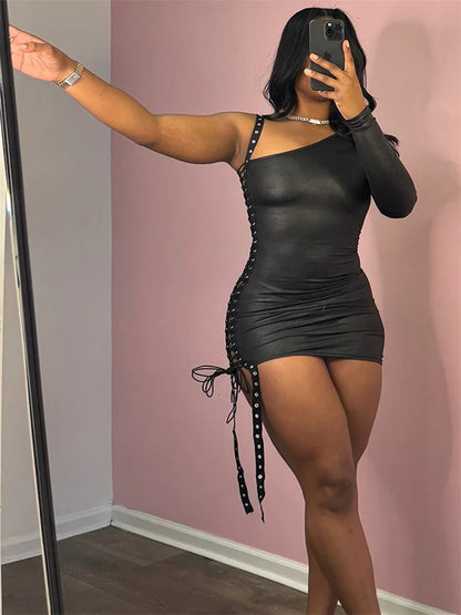 UNIKCOSA’s One-Shoulder Bandage Hollow Mini Dress — Irregular Diagonal Collar, Backless Bodycon Elegance