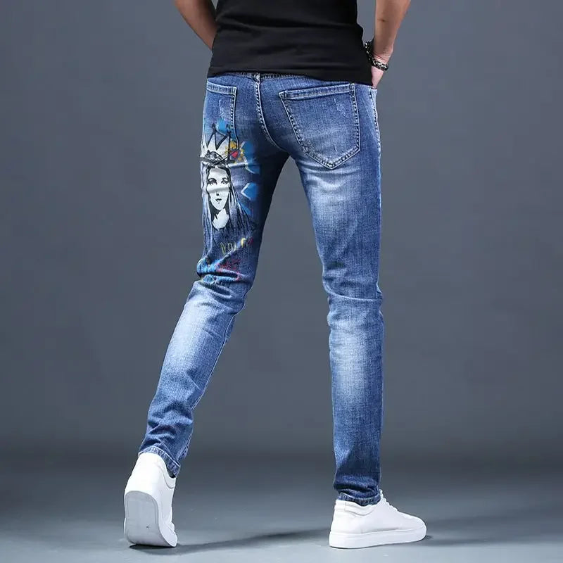 UNIKCOSA Men’s Washed Graphic Jeans – Slim Fit Stretch Streetwear Hip-Hop Trousers (Spring/Autumn Edition)