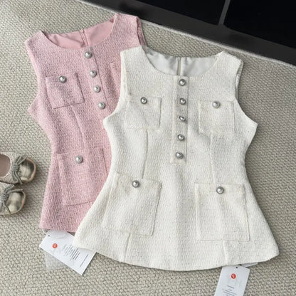 UNIKCOSA’s French Tweed 2-Piece Set — Sleeveless Vest Top + High-Waist Shorts