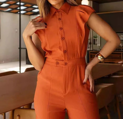 UNIKCOSA™ 2024 Autumn Casual Jumpsuit – Lapel Collar High-Waist Wide-Leg One-Piece | Women’s Solid Streetwear Body Pants