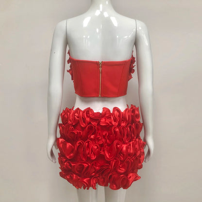 UNIKCOSA’s Red Floral 2-Piece Bandage Set — Strapless Crop Top + Bodycon Mini Skirt