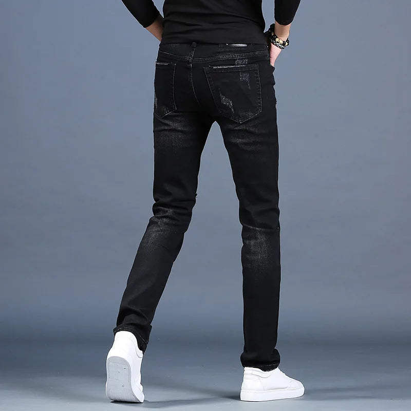UNIKCOSA Men’s Ripped Embroidered Jeans – Slim Fit Black Patchwork Denim Casual Pants (Summer Thin Edition)