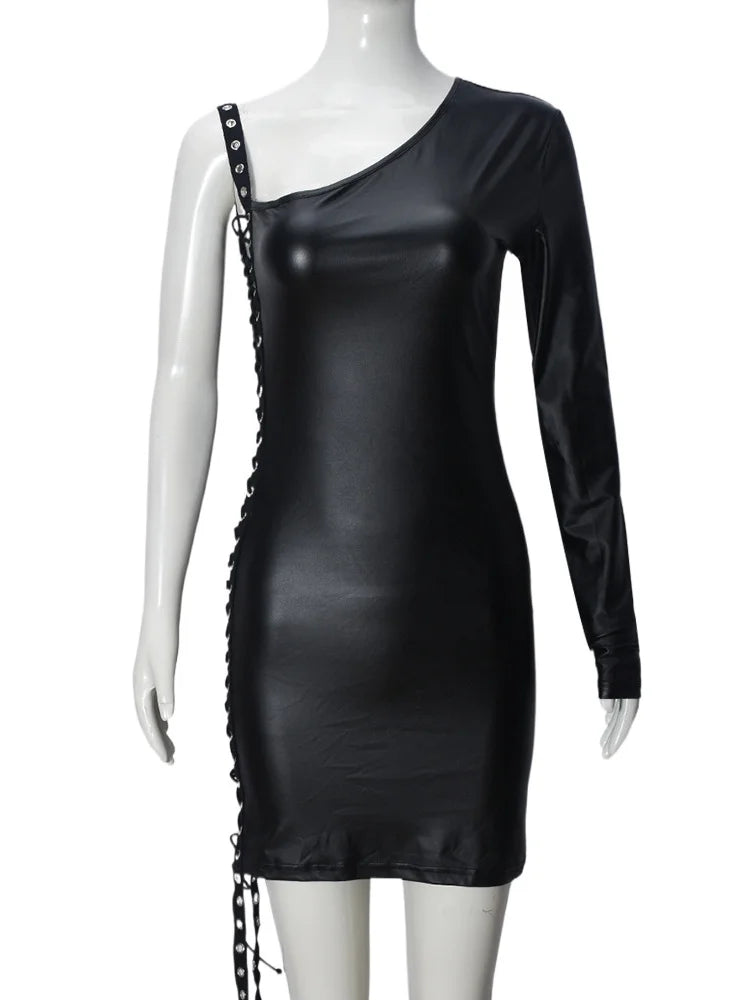 UNIKCOSA’s One-Shoulder Bandage Hollow Mini Dress — Irregular Diagonal Collar, Backless Bodycon Elegance