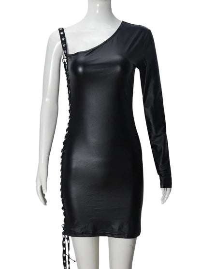 UNIKCOSA’s One-Shoulder Bandage Hollow Mini Dress — Irregular Diagonal Collar, Backless Bodycon Elegance