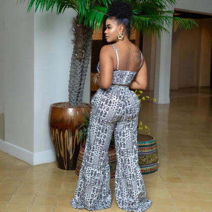 UNIKCOSA™ Printed 2-Piece Pant Set – Strapless Sling Top & High-Waist Flare Pants | Sexy Y2K Streetwear for Party & Work