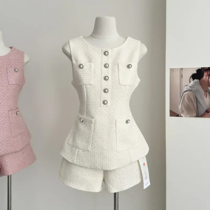 UNIKCOSA’s French Tweed 2-Piece Set — Sleeveless Vest Top + High-Waist Shorts