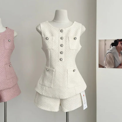 UNIKCOSA’s French Tweed 2-Piece Set — Sleeveless Vest Top + High-Waist Shorts